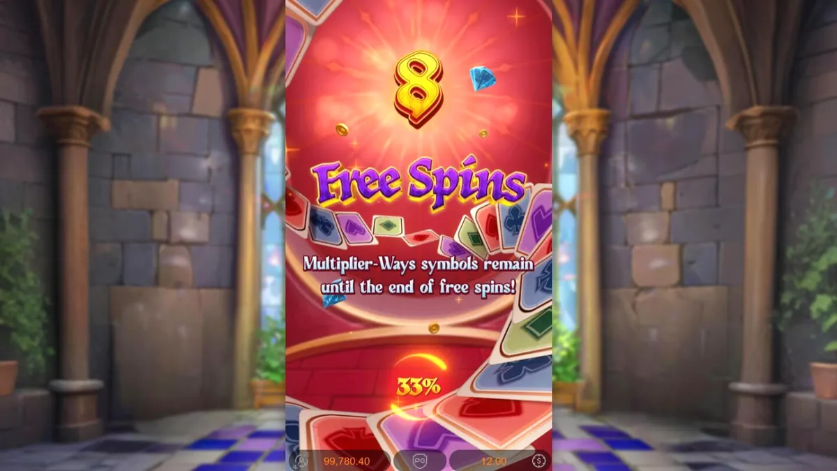 Tampilan visual slot Poker Kingdom Win dengan tema abad pertengahan dan simbol kartu.